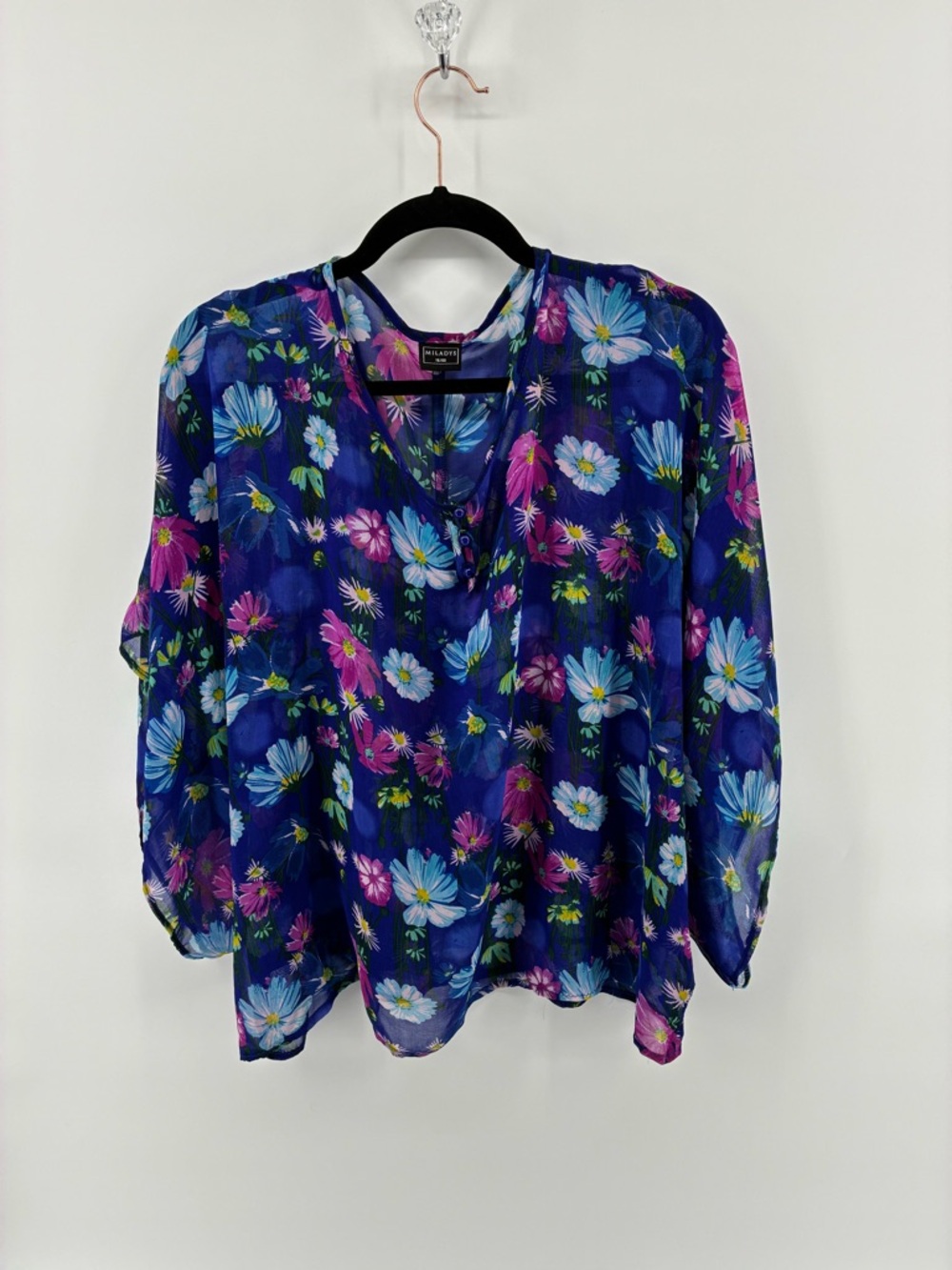 Sheer Floral V-Neck Blouse in Deep Blue